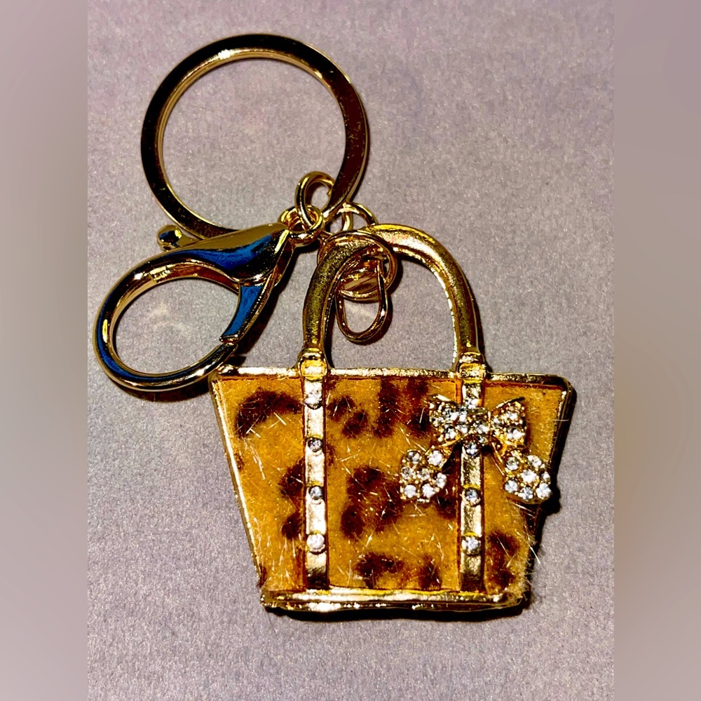 Leopard Print Fuzzy Gold Purse Bag Charm/ Keychain NIP